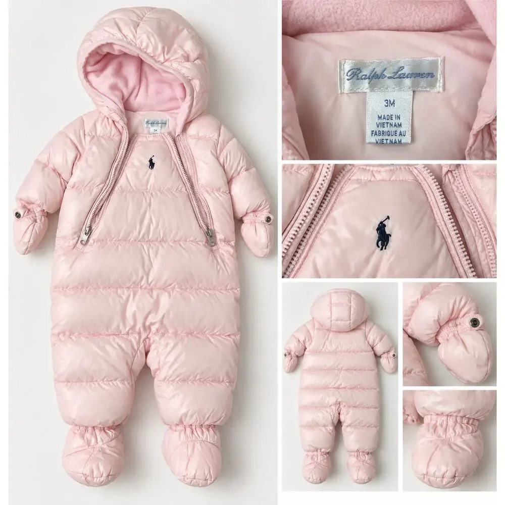 Ralph Lauren Baby Girls Pink Puffer Snowsuit 3M Hooded Footed Bunting